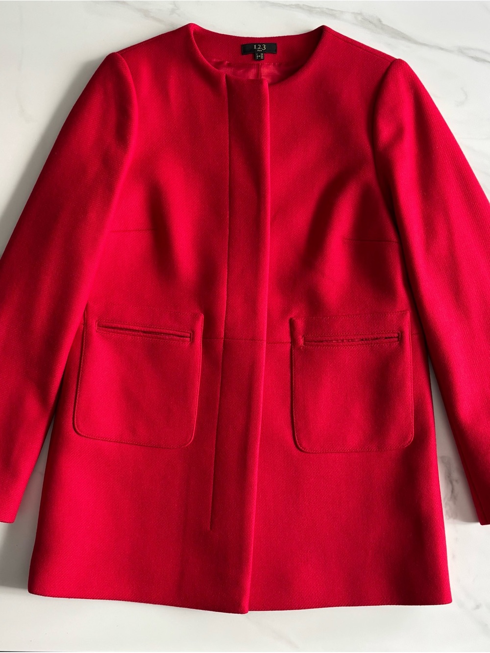 123 Paris Red Collarless Wool-Blend Coat S